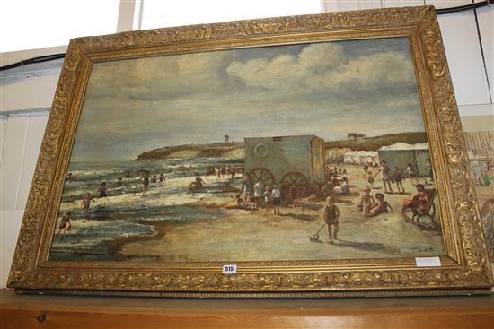 F. C. Cox  (20C), oil on board, Beach scene with bathers & bathing huts (possibly East Anglia)